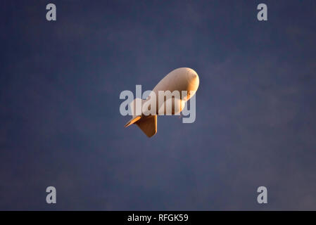Aerostat, TARS, or Tethered Aerostat Radar System, balloon with downward-looking radar for drug smugglers aircraft detection, near Marfa, Texas, USA Stock Photo