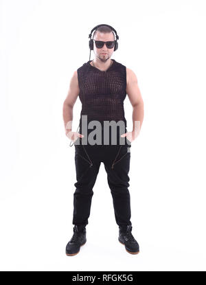 in full growth .Studio portrait of a steep rapper DJ.isolated on white Stock Photo
