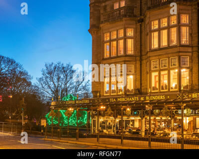 Bettys Tea Rooms at dusk from Parliament Street Harrogate North Yorkshire England Stock Photo