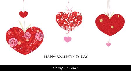 Happy Valentine's day greeting card. Heart made of roses hanging shining and glitter red hearts Stock Vector