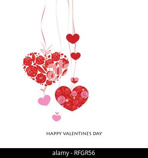 Happy Valentine's day greeting card. Heart made of roses hanging shining and glitter red hearts Stock Vector