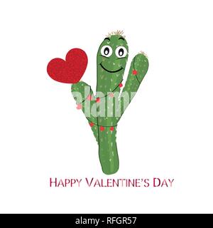 Cactus with red hearts. Cute smiling face and succulent holding a shining red heart. Valentine's Day greeting card Stock Vector