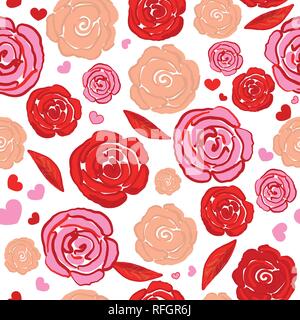 Pink red hand drawing roses cute repeated hearts pattern. Happy Valentine's day wallpaper background Stock Vector