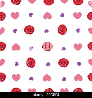 Hand drawing vibrant colored red roses, hearts repeated romantic pattern Stock Vector