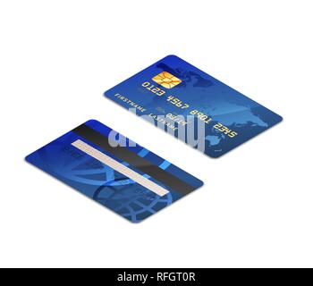 Blue realistic credit cards with chip from both sides in isometric projection isolated on white Stock Vector