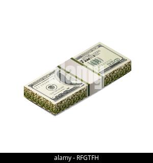 Pack of dummy one hundred US dollars banknote from front side in isometric view isolated on white Stock Vector