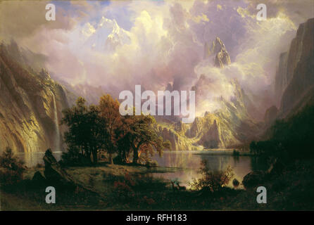 Rocky Mountain Landscape. Date/Period: 1870. Painting. Oil on canvas Oil on canvas. Height: 930.40 mm (36.63 in); Width: 1,390.65 mm (54.75 in). Author: Albert Bierstadt. BIERSTADT, ALBERT. Stock Photo