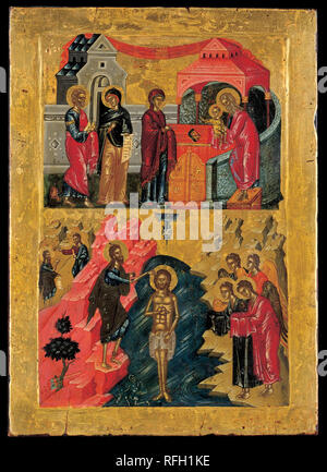 The Presentation of Christ in the Temple and the Baptism on two bands. Date/Period: 1540 - 1560. Icon. Height: 290 mm (11.41 in); Width: 210 mm (8.26 in). Author: UNKNOWN ARTIST. Stock Photo