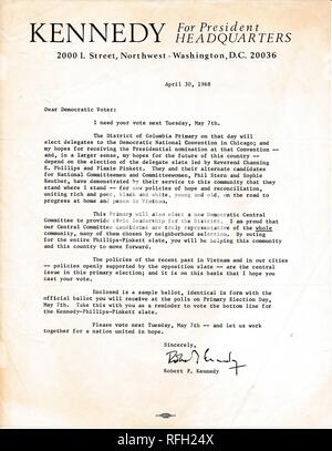 Typed campaign letter, issued by the (Robert) Kennedy For President Headquarters in Washington DC, urging the recipient to help effect 'progress at home and peace in Vietnam,' by voting 'the bottom line for the Kennedy-Phillips-Pinkett slate,' published during the Vietnam War, April 30, 1968. () Stock Photo