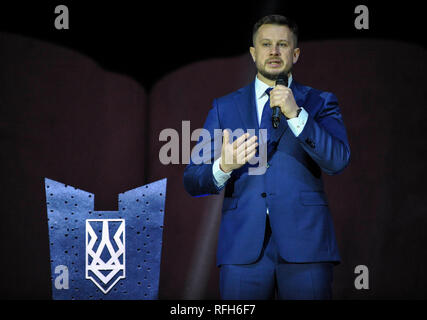 The leader of nationalist National Corps political party Andriy Biletsky seen speaking during the party's congress in Kiev. Stock Photo