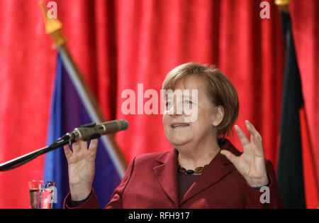 Trinwillershagen, Germany. 25th Jan, 2019. Angela Merkel (CDU), Chancellor, speaks at the traditional New Year's reception of the district of Vorpommern-Rügen. Merkel represents the constituency with a direct mandate in the Bundestag. Credit: Bernd Wüstneck/dpa/Alamy Live News Stock Photo