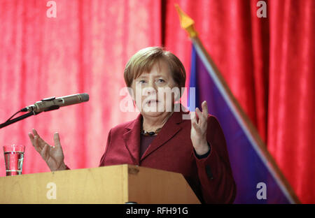 Trinwillershagen, Germany. 25th Jan, 2019. Angela Merkel (CDU), Chancellor, speaks at the traditional New Year's reception of the district of Vorpommern-Rügen. Merkel represents the constituency with a direct mandate in the Bundestag. Credit: Bernd Wüstneck/dpa/Alamy Live News Stock Photo