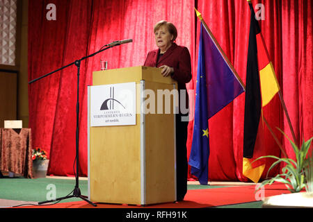 Trinwillershagen, Germany. 25th Jan, 2019. Angela Merkel (CDU), Chancellor, speaks at the traditional New Year's reception of the district of Vorpommern-Rügen. Merkel represents the constituency with a direct mandate in the Bundestag. Credit: Bernd Wüstneck/dpa/Alamy Live News Stock Photo