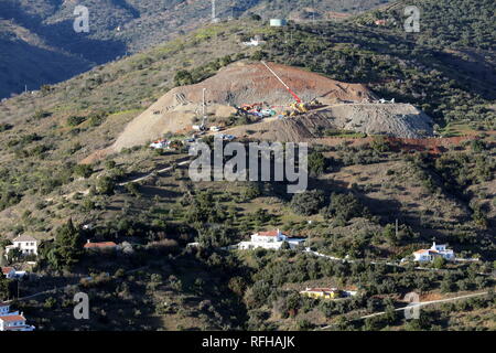 January 25, 2019 - 25 january 2019 (Totalan, Malaga, Andalucia ) Under the Cerro del Dolmen of La Corona, the rock continues to resist. And it is she, the extremely hard veins of calcite, which are making the work continue slower than expected. Almost 19 hours after the start of the horizontal gallery by the mining rescue brigade and the rest of the specialized team, it has advanced one and a half meters of the four that are necessary to access the well in which fell Julen on January 13 . This morning the third microvoladura has been undertaken to continue digging. And with it, it has been pos Stock Photo