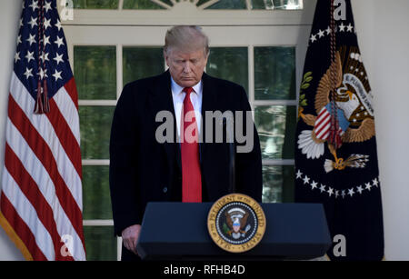 United States President Donald J. Trump makes his way to the podium to announce that a deal has been reached to reopen the government through Feb. 15 during an event in the Rose Garden of the White House January 25, 2019 in Washington, DC. Credit: Olivier Douliery/Pool via CNP /MediaPunch Stock Photo