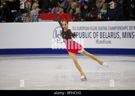 Minsk, Belarus. 25th January 2019. Minsk Arena. European Figure Skating Championship.Alina Zagitova silver medalist of the figure skating championship rolls an arbitrary program Credit: Svetlana Lazarenka/Alamy Live News Stock Photo