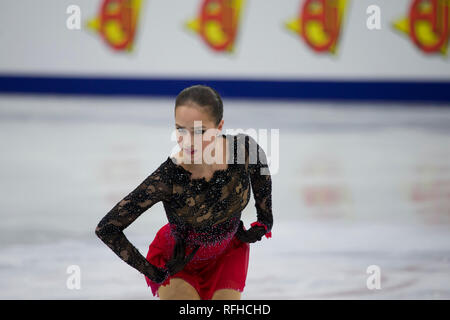 Minsk, Belarus. 25th January 2019. Minsk Arena. European Figure Skating Championship.Alina Zagitova silver medalist of the figure skating championship rolls an arbitrary program Credit: Svetlana Lazarenka/Alamy Live News Stock Photo