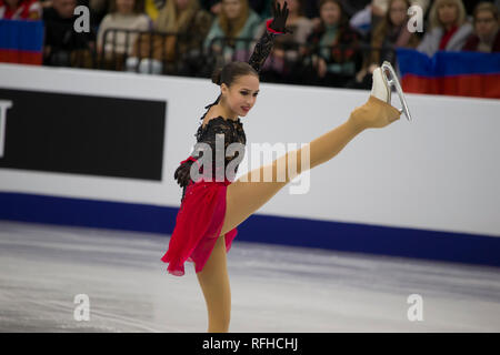 Minsk, Belarus. 25th January 2019. Minsk Arena. European Figure Skating Championship.Alina Zagitova silver medalist of the figure skating championship rolls an arbitrary program Credit: Svetlana Lazarenka/Alamy Live News Stock Photo