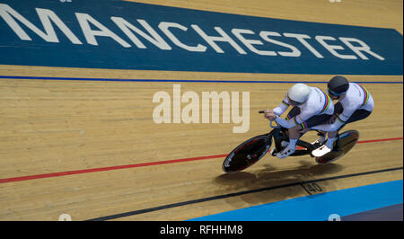 Manchester Velodrome, Manchester, UK. 26th Jan, 2019. HSBC UK National Track Championships; Para Tandem B Pursuit 3000-4000m World champions Stephen Bate MBE (R) and Adam Duggleby (L) on their way to winning the national championships Credit: Action Plus Sports/Alamy Live News Stock Photo