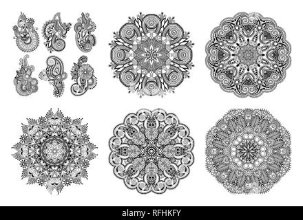 set of circle lace ornament, round ornamental geometric doily pattern in indian kalamkari style Stock Vector