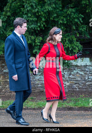 Queen Elizabeth, accompanied by members of the Royal Family, attends the Christmas Day service at St. Mary Magdalene Church at Sandringham  Featuring: Jack Brooksbank, Princess Eugenie Where: Sandringham, United Kingdom When: 25 Dec 2018 Credit: John Rainford/WENN Stock Photo