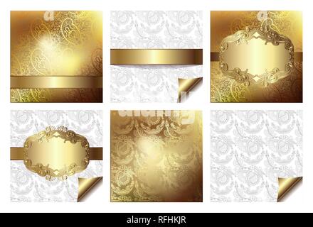 set of light floral background with gold ribbon Stock Vector