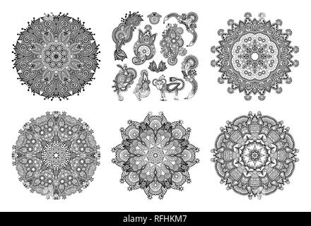 set of circle lace ornament, round ornamental geometric doily pattern in indian kalamkari style Stock Vector