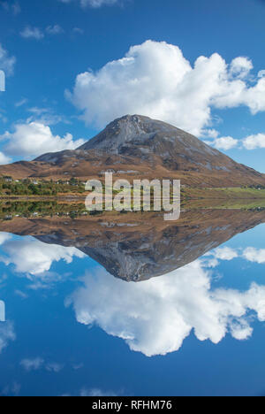 Perfect reflection of Errigal Mountain in Dunlewy Lough. County Donegal, Ireland. Stock Photo