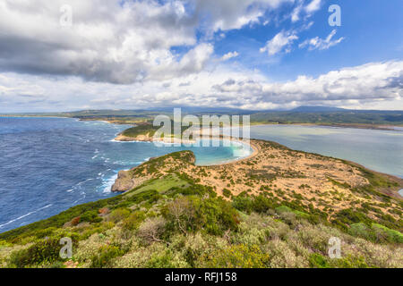 Panoramic aerial view of voidokilia beach, one of the most beautiful beaches in mediterranean Europe, lagoon of Voidokilia from a high point of view,  Stock Photo