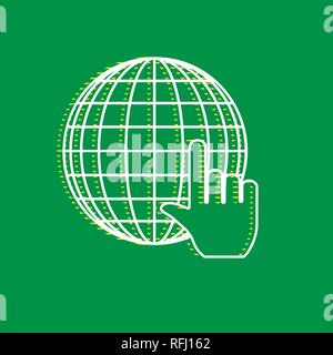 Earth Globe with cursor. Vector. White flat icon with yellow striped shadow at green background. Stock Vector