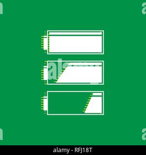 Set of battery charge level indicators. Vector. White flat icon with yellow striped shadow at green background. Stock Vector