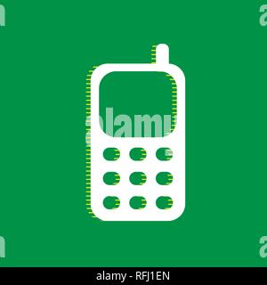 Cell Phone sign. Vector. White flat icon with yellow striped shadow at green background. Stock Vector