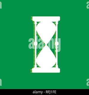 Hourglass sign illustration. Vector. White flat icon with yellow striped shadow at green background. Stock Vector