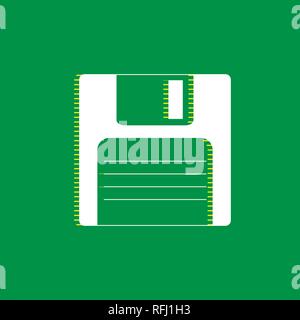 Floppy disk sign. Vector. White flat icon with yellow striped shadow at green background. Stock Vector