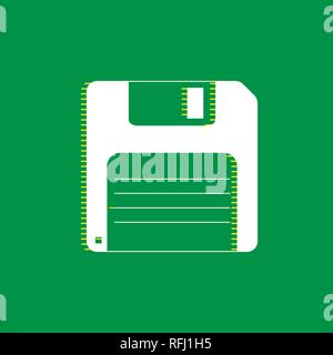 Floppy disk sign. Vector. White flat icon with yellow striped shadow at green background. Stock Vector