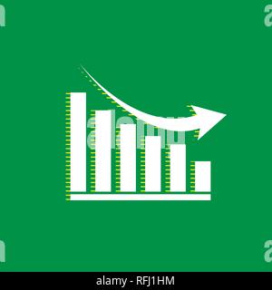 Declining graph sign. Vector. White flat icon with yellow striped shadow at green background. Stock Vector