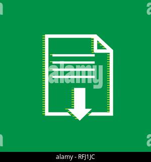 File download sign. Vector. White flat icon with yellow striped shadow at green background. Stock Vector