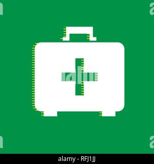 Medical First aid box sign. Vector. White flat icon with yellow striped shadow at green background. Stock Vector