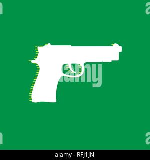 Gun sign illustration. Vector. White flat icon with yellow striped shadow at green background. Stock Vector