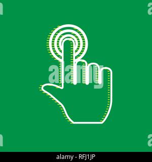 Hand click on button. Vector. White flat icon with yellow striped shadow at green background. Stock Vector