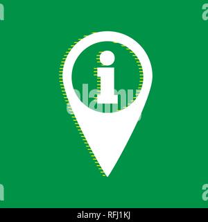 Map pointer with information sign. Vector. White flat icon with yellow striped shadow at green background. Stock Vector
