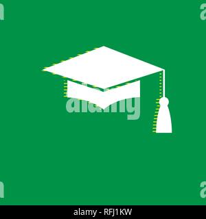 Mortar Board or Graduation Cap, Education symbol. Vector. White flat icon with yellow striped shadow at green background. Stock Vector