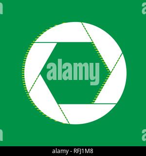 Photo sign illustration. Vector. White flat icon with yellow striped shadow at green background. Stock Vector