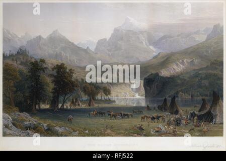 The Rocky Mountains, Lander's Peak. Artist: Albert Bierstadt (American, Solingen 1830-1902 New York); James Smillie (American, Edinburgh 1807-1885 Poughkeepsie, New York). Dimensions: Mount: 30 x 40 in. (76.2 x 101.6 cm)  Sheet: 19 9/16 x 29 3/4 in. (49.7 x 75.6 cm)  Image: 16 3/4 x 27 1/2 in. (42.5 x 69.9 cm)  Framed: 34 × 44 in. (86.4 × 111.8 cm). Date: 1866. Museum: Metropolitan Museum of Art, New York, USA. Stock Photo