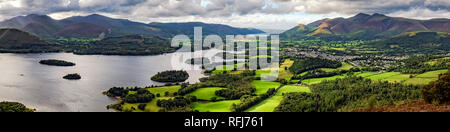 The panoramic view looking across Derwentwater from Walla Cragg in the Lake District national park. Stock Photo