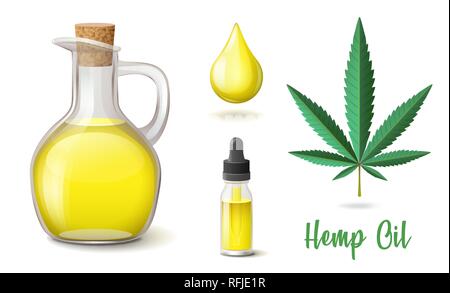 Natural hemp oil icons set, flask and glass bottle, drop, hemp, cannabis hemp leaf Stock Vector