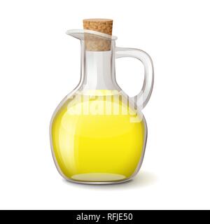 Glass bottle with bright yellow oil and wooden bung Stock Vector