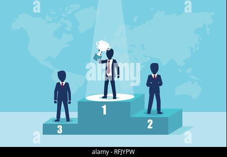 Vector of a winner businessman on podium holding trophy. Leadership and success concept Stock Vector
