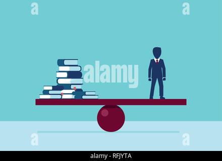 Vector of an educated businessman balancing stack of books on blue background Stock Vector