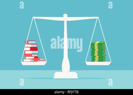 Value of education concept. Vector of a stack of books on a scale balancing pile of dollar cash Stock Vector